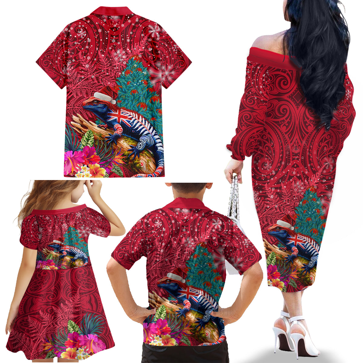 New Zealand Tuatara Christmas Family Matching Off The Shoulder Long Sleeve Dress and Hawaiian Shirt Silver Fern and Xmas Pohutukawa Tree Red Color LT03 - Polynesian Pride