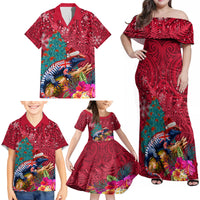 New Zealand Tuatara Christmas Family Matching Off Shoulder Maxi Dress and Hawaiian Shirt Silver Fern and Xmas Pohutukawa Tree Red Color LT03 - Polynesian Pride