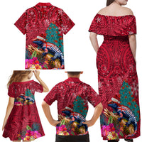 New Zealand Tuatara Christmas Family Matching Off Shoulder Maxi Dress and Hawaiian Shirt Silver Fern and Xmas Pohutukawa Tree Red Color LT03 - Polynesian Pride