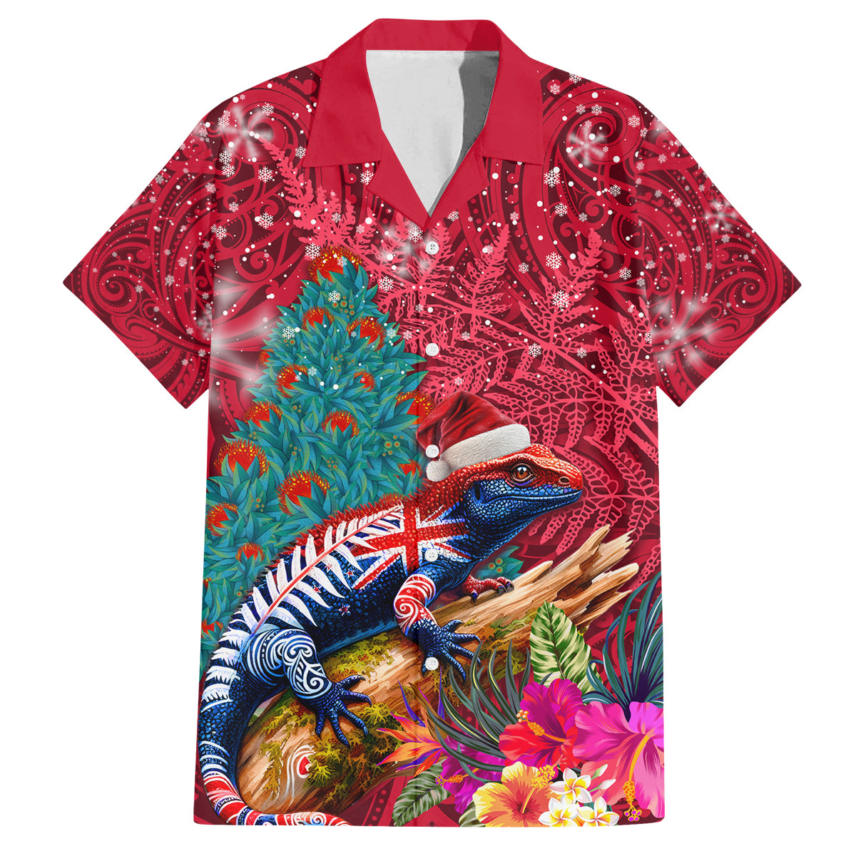 New Zealand Tuatara Christmas Family Matching Off Shoulder Short Dress and Hawaiian Shirt Silver Fern and Xmas Pohutukawa Tree Red Color LT03 Dad's Shirt - Short Sleeve Red - Polynesian Pride
