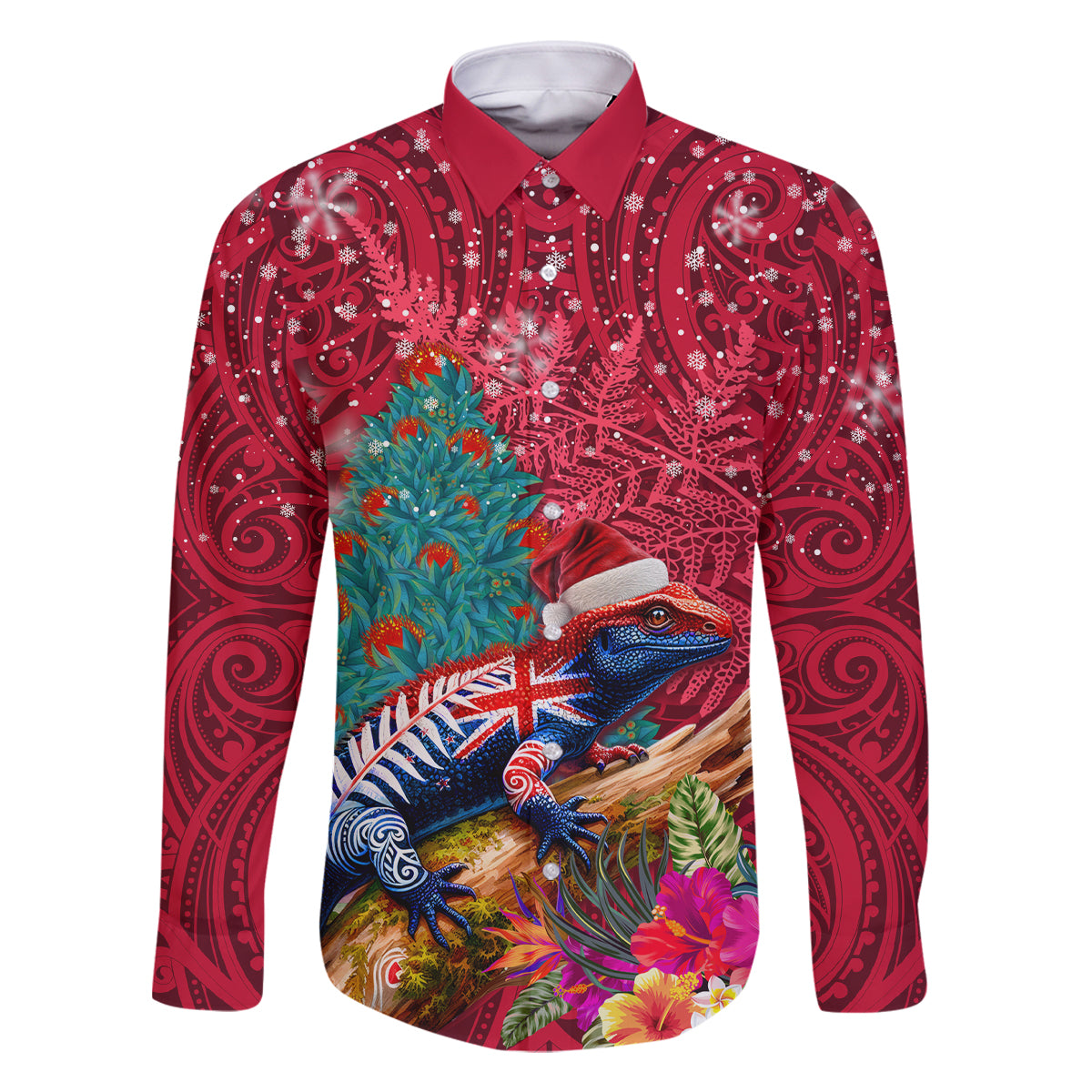 New Zealand Tuatara Christmas Family Matching Off Shoulder Short Dress and Hawaiian Shirt Silver Fern and Xmas Pohutukawa Tree Red Color LT03 Dad's Shirt - Long Sleeve Red - Polynesian Pride