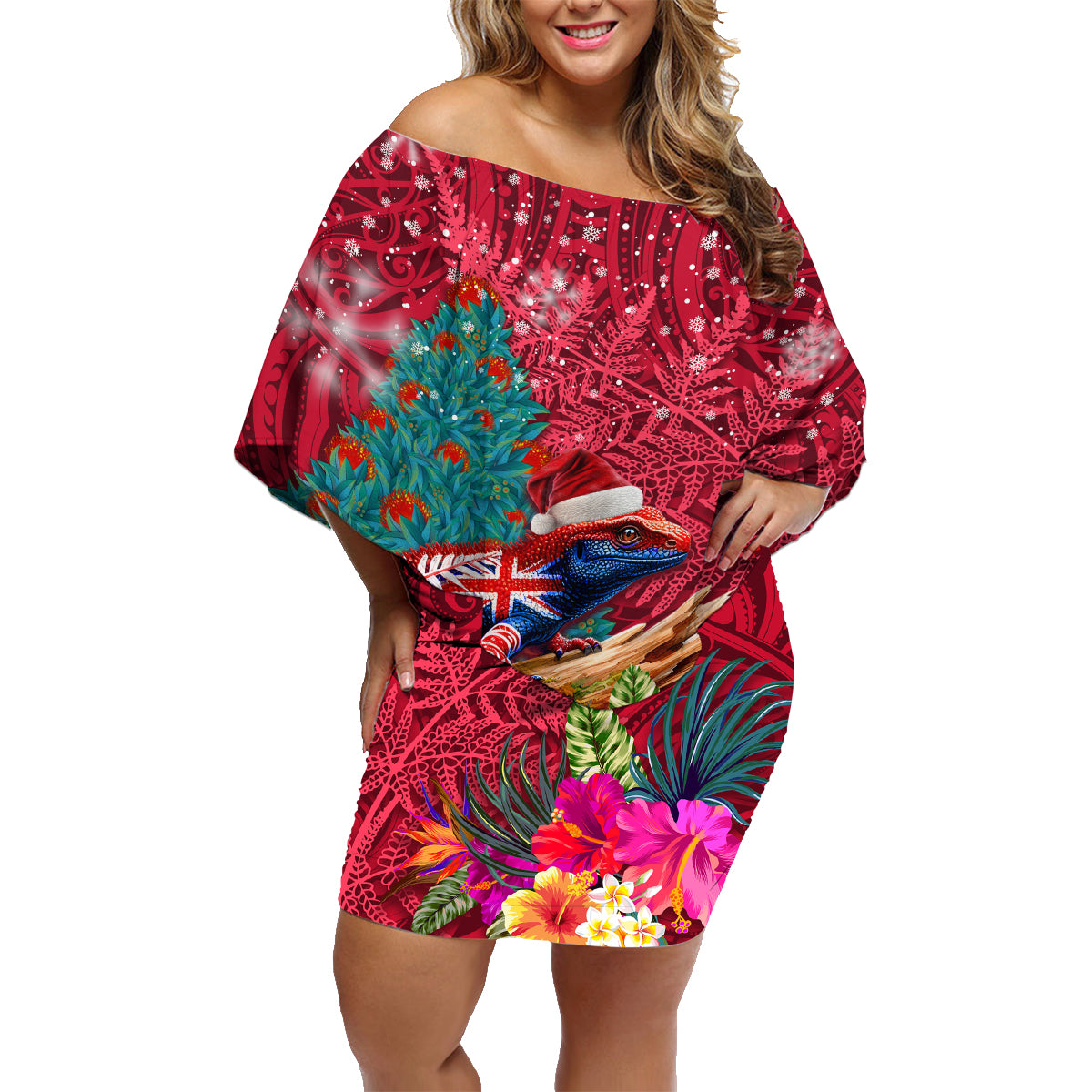 New Zealand Tuatara Christmas Family Matching Off Shoulder Short Dress and Hawaiian Shirt Silver Fern and Xmas Pohutukawa Tree Red Color LT03 Mom's Dress Red - Polynesian Pride