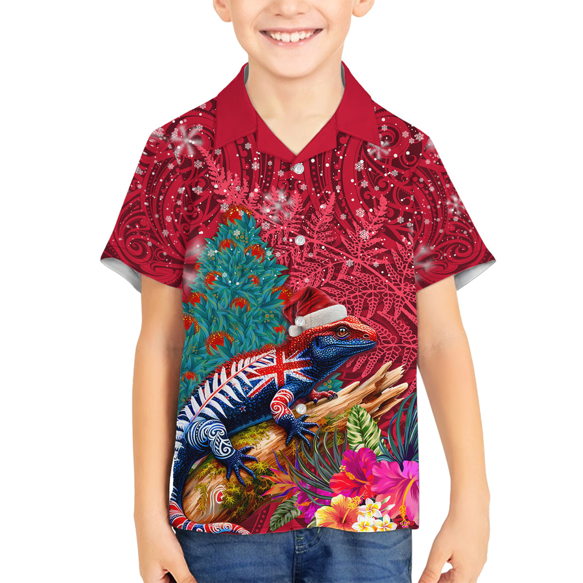 New Zealand Tuatara Christmas Family Matching Off Shoulder Short Dress and Hawaiian Shirt Silver Fern and Xmas Pohutukawa Tree Red Color LT03 Son's Shirt Red - Polynesian Pride