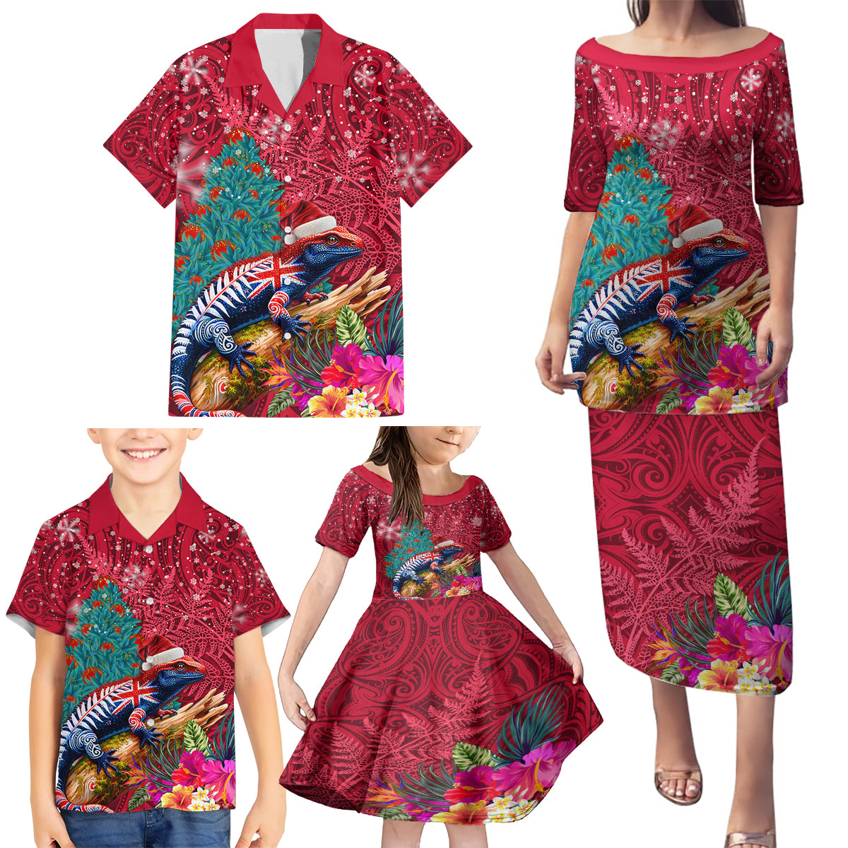 New Zealand Tuatara Christmas Family Matching Puletasi and Hawaiian Shirt Silver Fern and Xmas Pohutukawa Tree Red Color LT03 - Polynesian Pride