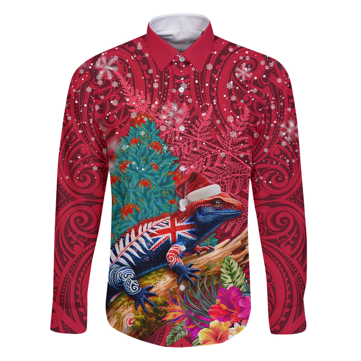 New Zealand Tuatara Christmas Family Matching Puletasi and Hawaiian Shirt Silver Fern and Xmas Pohutukawa Tree Red Color LT03 Dad's Shirt - Long Sleeve Red - Polynesian Pride