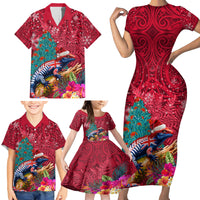 New Zealand Tuatara Christmas Family Matching Short Sleeve Bodycon Dress and Hawaiian Shirt Silver Fern and Xmas Pohutukawa Tree Red Color LT03 - Polynesian Pride