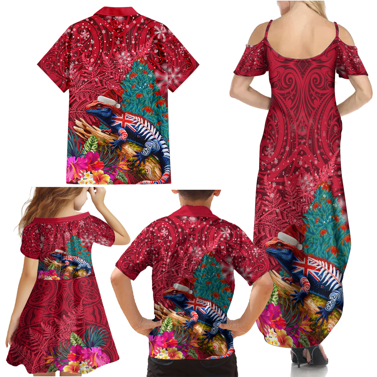New Zealand Tuatara Christmas Family Matching Summer Maxi Dress and Hawaiian Shirt Silver Fern and Xmas Pohutukawa Tree Red Color LT03 - Polynesian Pride