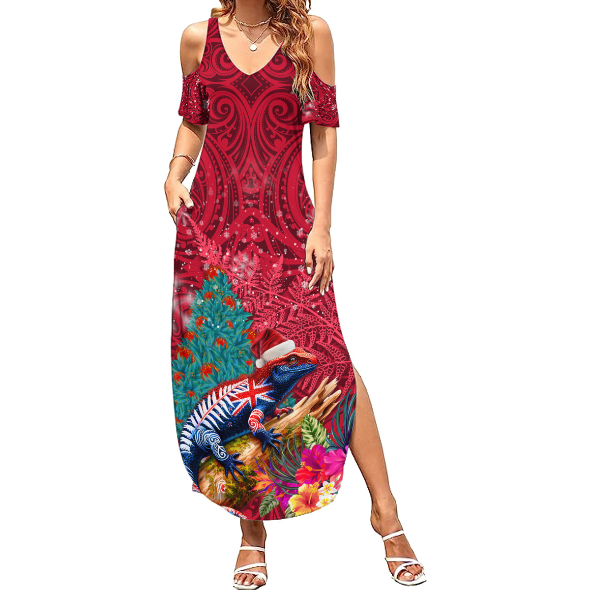 New Zealand Tuatara Christmas Family Matching Summer Maxi Dress and Hawaiian Shirt Silver Fern and Xmas Pohutukawa Tree Red Color LT03 Mom's Dress Red - Polynesian Pride