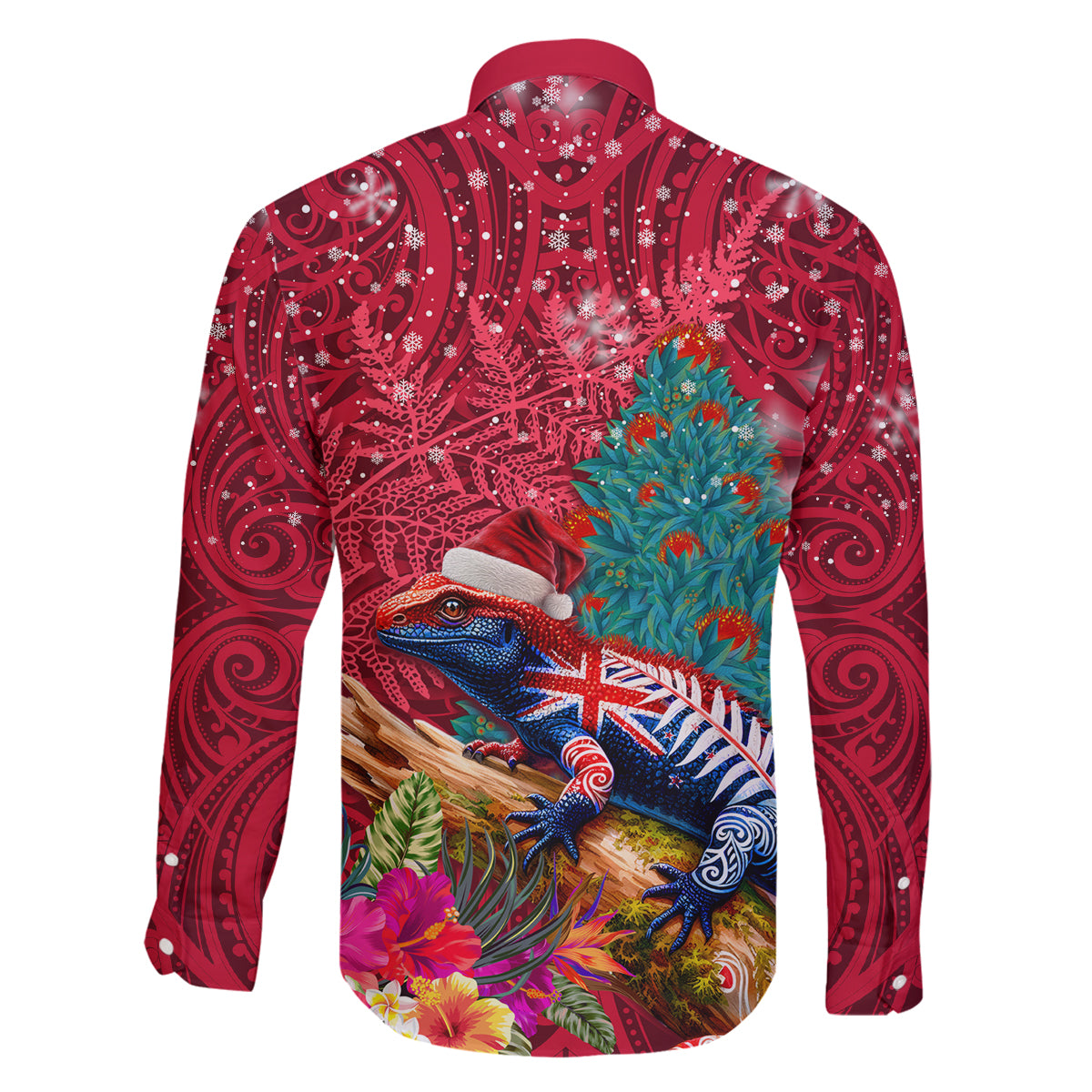 New Zealand Tuatara Christmas Family Matching Tank Maxi Dress and Hawaiian Shirt Silver Fern and Xmas Pohutukawa Tree Red Color LT03 - Polynesian Pride
