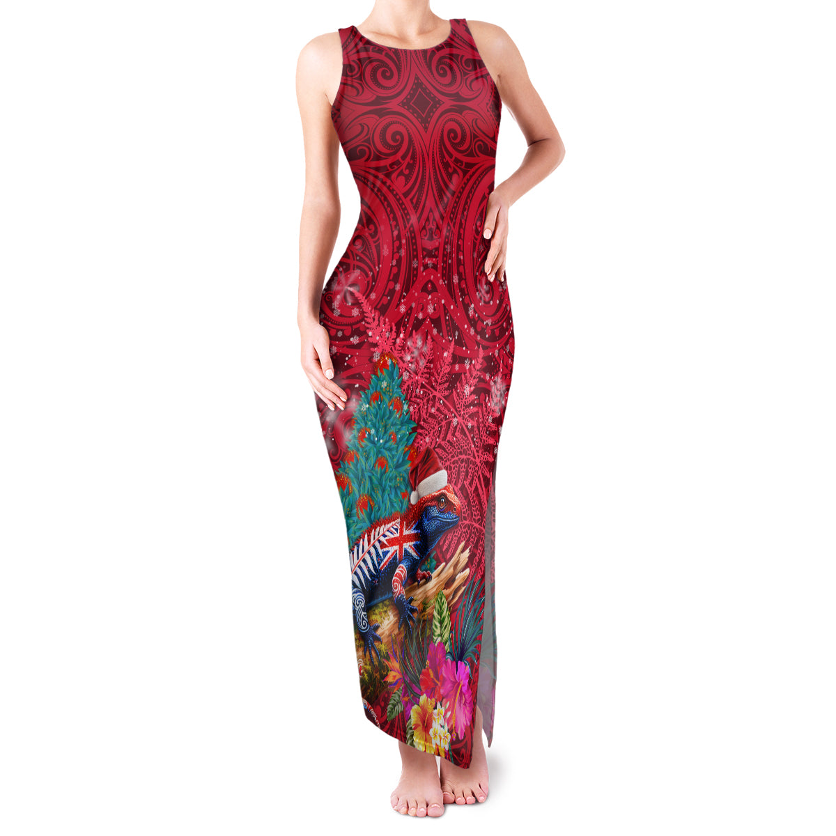New Zealand Tuatara Christmas Family Matching Tank Maxi Dress and Hawaiian Shirt Silver Fern and Xmas Pohutukawa Tree Red Color LT03 Mom's Dress Red - Polynesian Pride