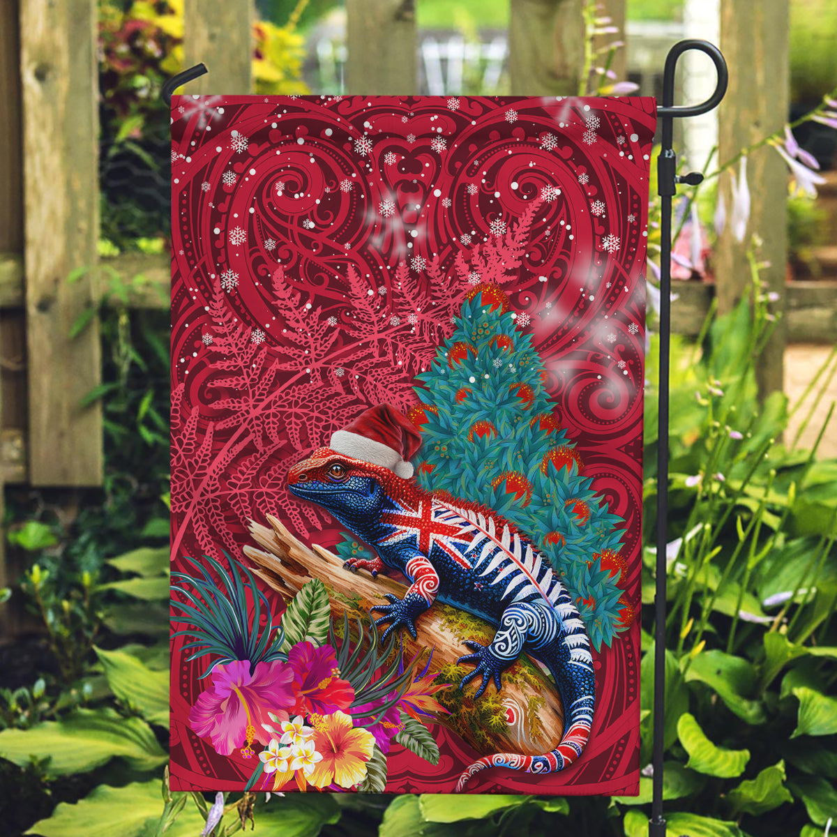 New Zealand Tuatara Christmas Garden Flag Silver Fern and Xmas Pohutukawa Tree Red Color LT03 Garden Flag Red - Polynesian Pride