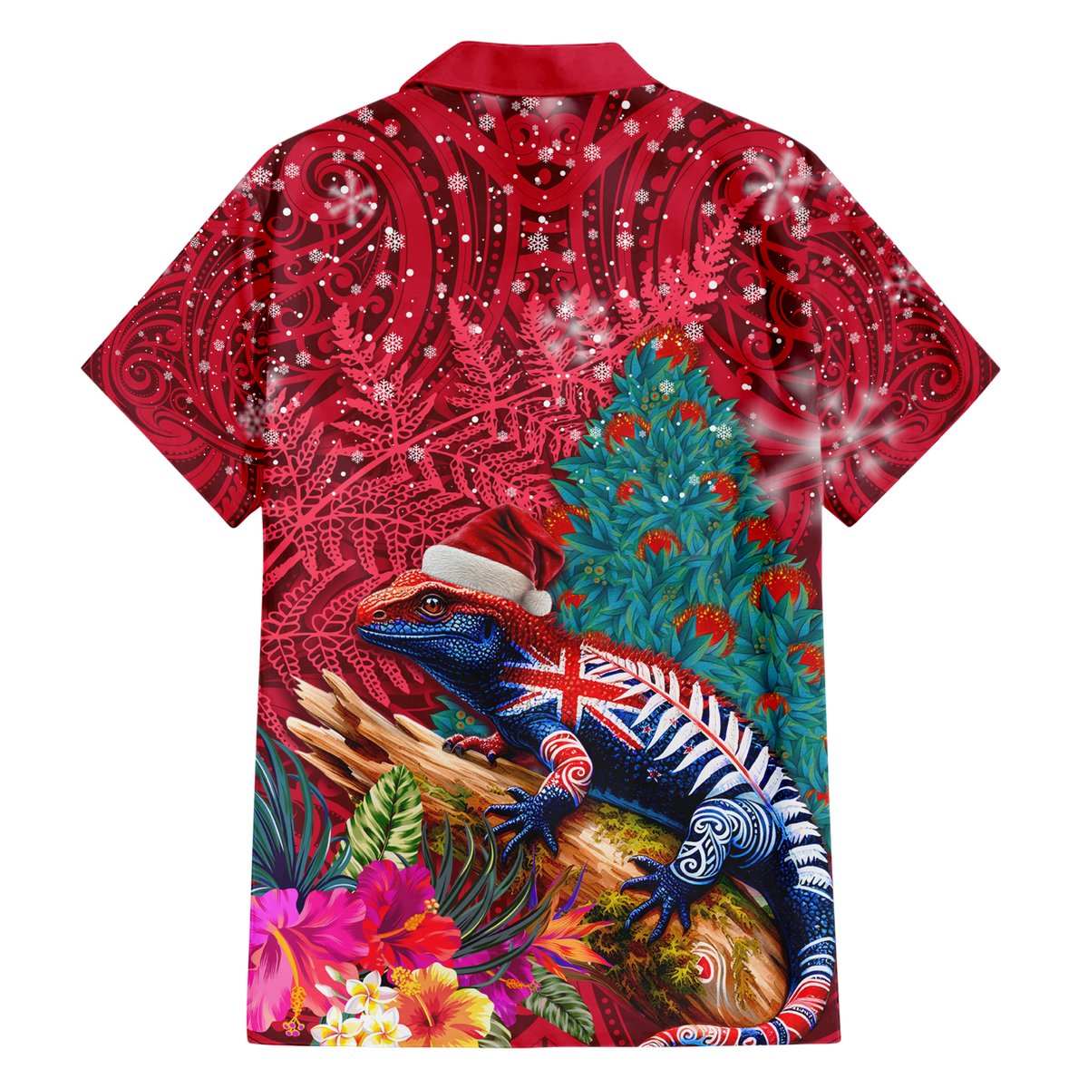 New Zealand Tuatara Christmas Hawaiian Shirt Silver Fern and Xmas Pohutukawa Tree Red Color LT03 - Polynesian Pride
