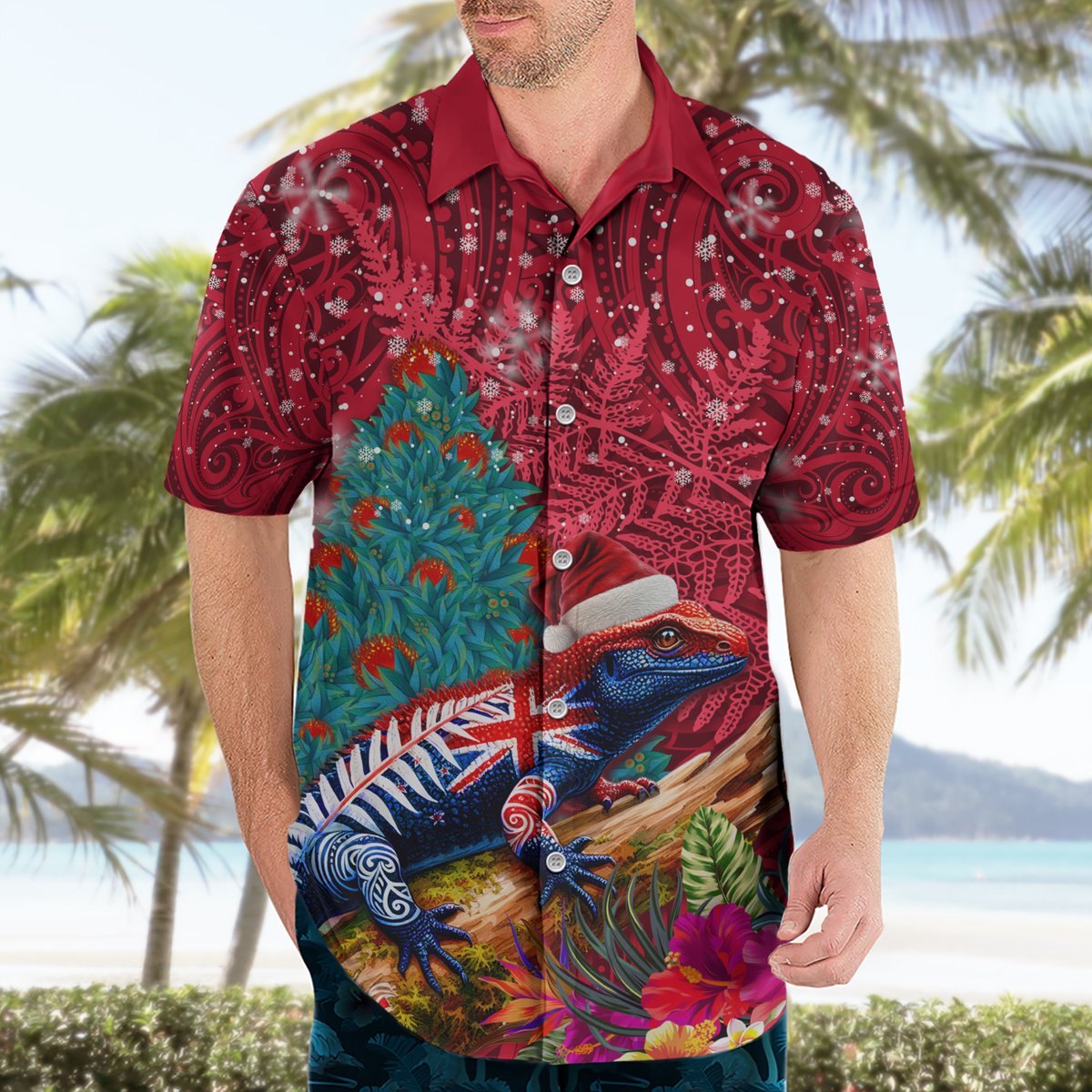 New Zealand Tuatara Christmas Hawaiian Shirt Silver Fern and Xmas Pohutukawa Tree Red Color LT03 - Polynesian Pride