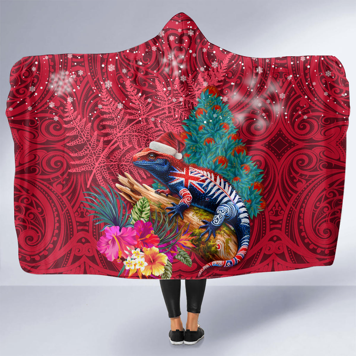 New Zealand Tuatara Christmas Hooded Blanket Silver Fern and Xmas Pohutukawa Tree Red Color LT03 - Polynesian Pride