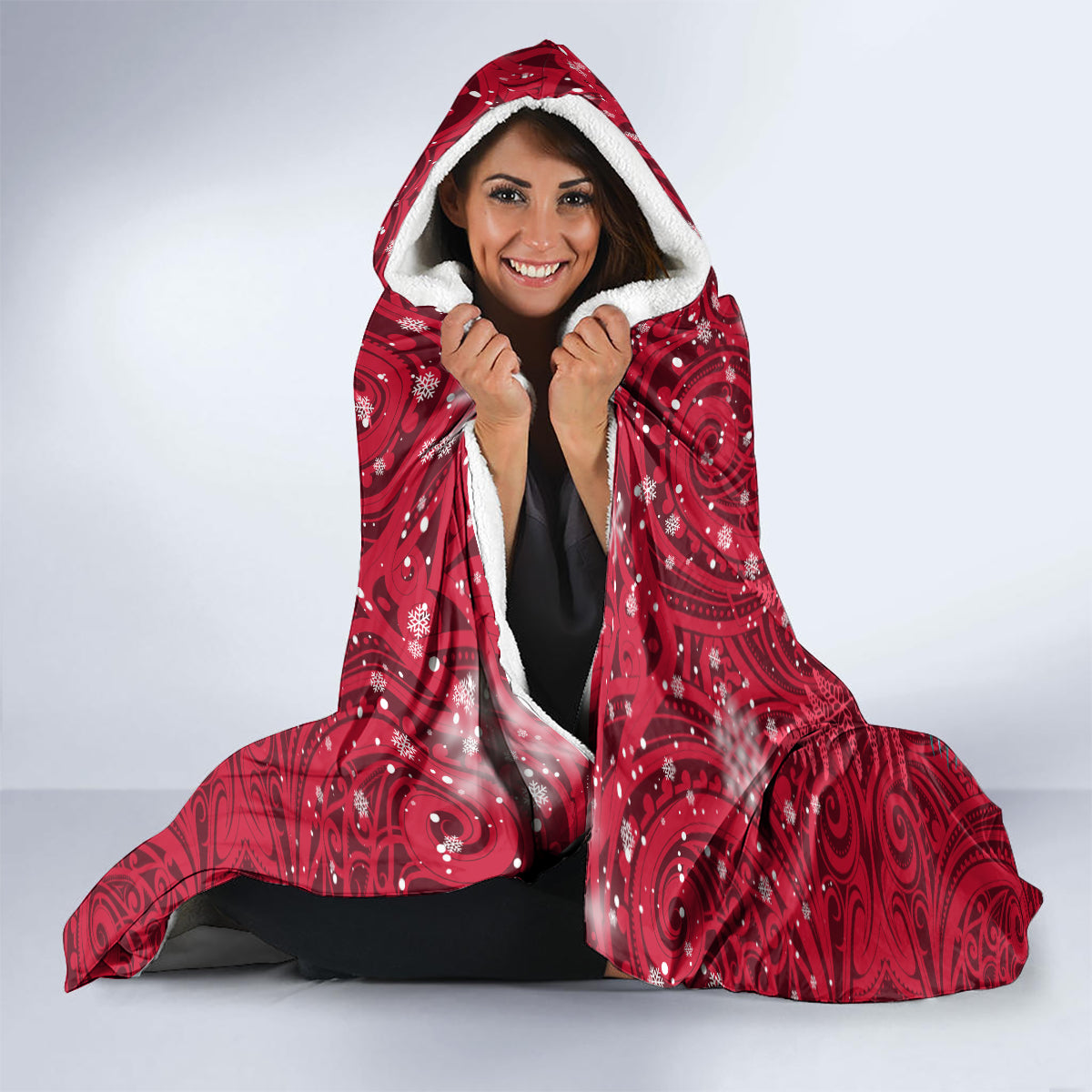 New Zealand Tuatara Christmas Hooded Blanket Silver Fern and Xmas Pohutukawa Tree Red Color LT03 - Polynesian Pride