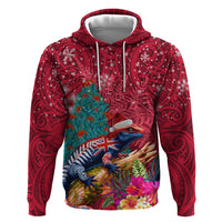New Zealand Tuatara Christmas Hoodie Silver Fern and Xmas Pohutukawa Tree Red Color LT03 Pullover Hoodie Red - Polynesian Pride