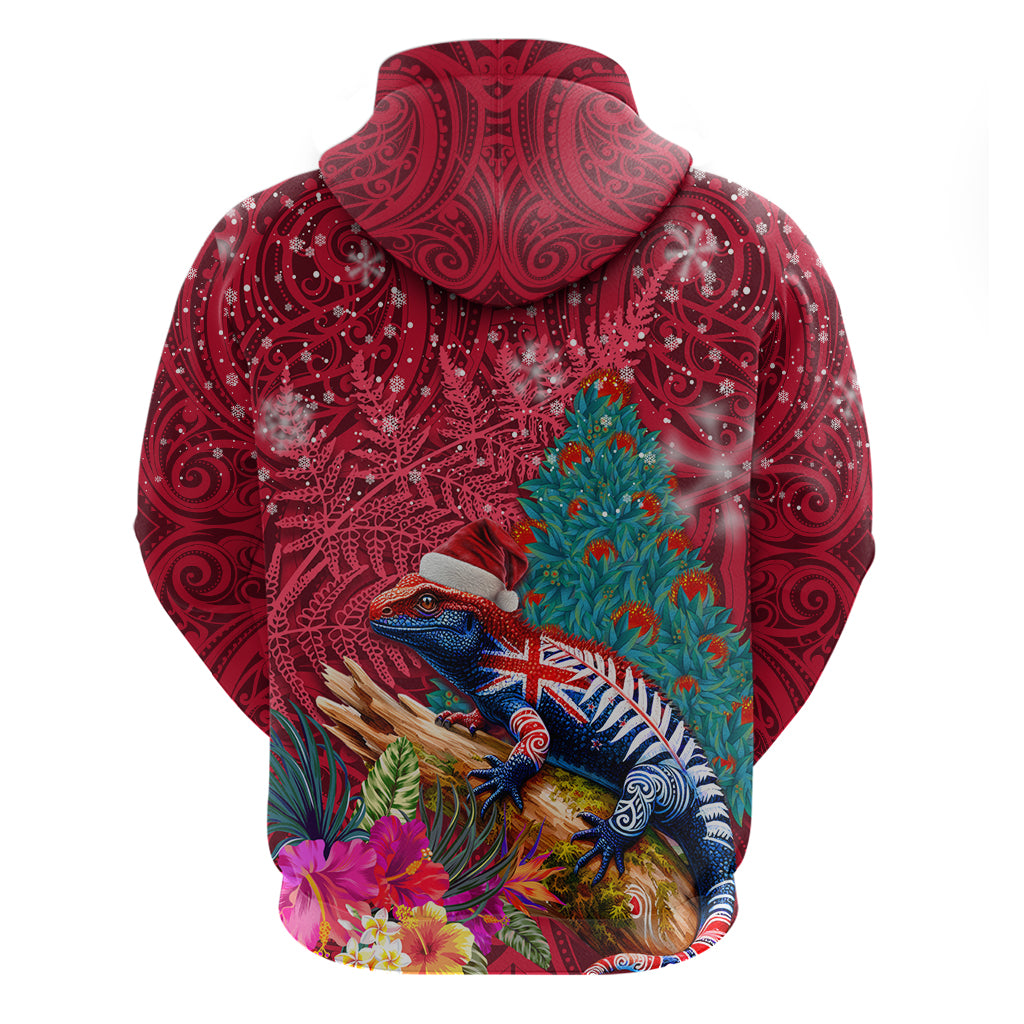 New Zealand Tuatara Christmas Hoodie Silver Fern and Xmas Pohutukawa Tree Red Color LT03 - Polynesian Pride
