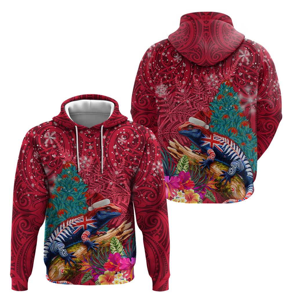 New Zealand Tuatara Christmas Hoodie Silver Fern and Xmas Pohutukawa Tree Red Color LT03 - Polynesian Pride