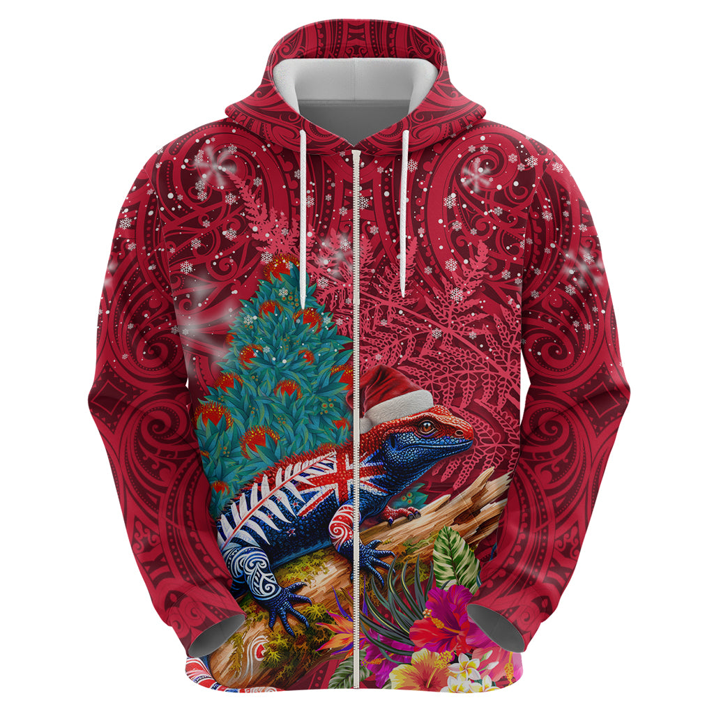 New Zealand Tuatara Christmas Hoodie Silver Fern and Xmas Pohutukawa Tree Red Color LT03 - Polynesian Pride