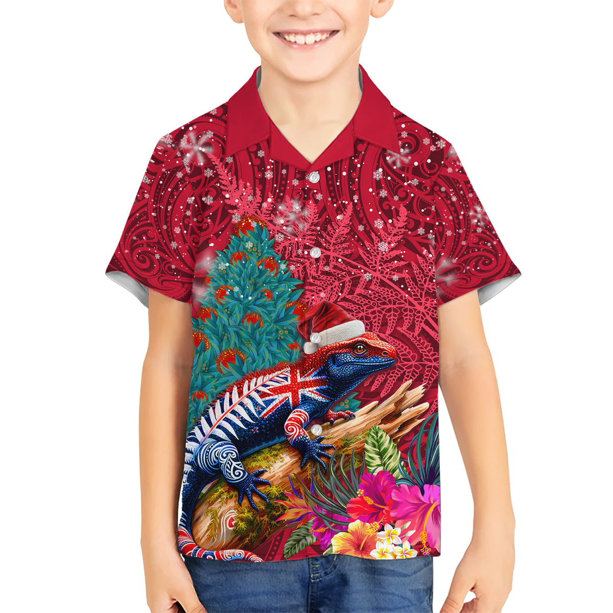 New Zealand Tuatara Christmas Kid Hawaiian Shirt Silver Fern and Xmas Pohutukawa Tree Red Color LT03 Kid Red - Polynesian Pride