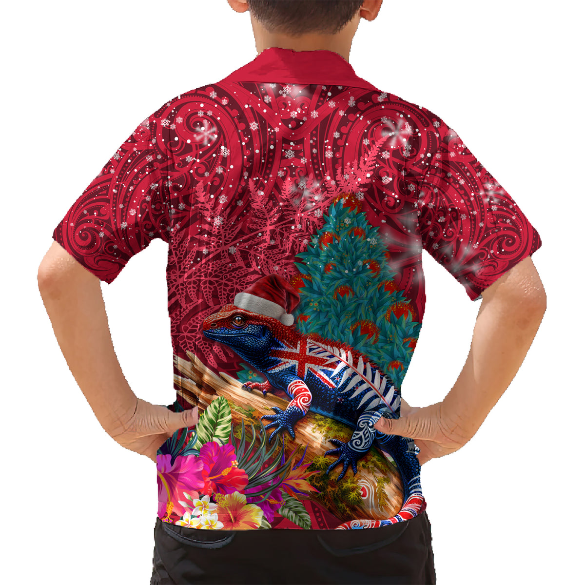 New Zealand Tuatara Christmas Kid Hawaiian Shirt Silver Fern and Xmas Pohutukawa Tree Red Color LT03 - Polynesian Pride