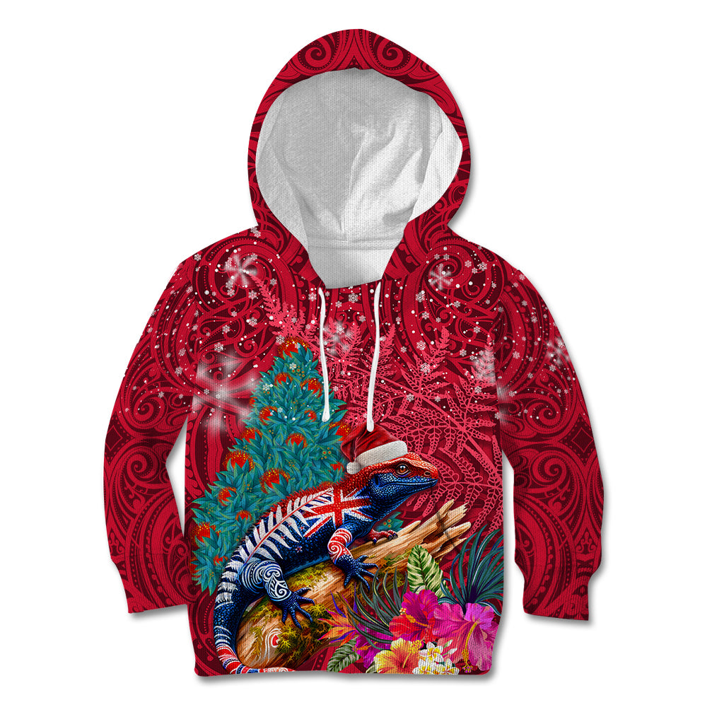 New Zealand Tuatara Christmas Kid Hoodie Silver Fern and Xmas Pohutukawa Tree Red Color LT03 Hoodie Red - Polynesian Pride