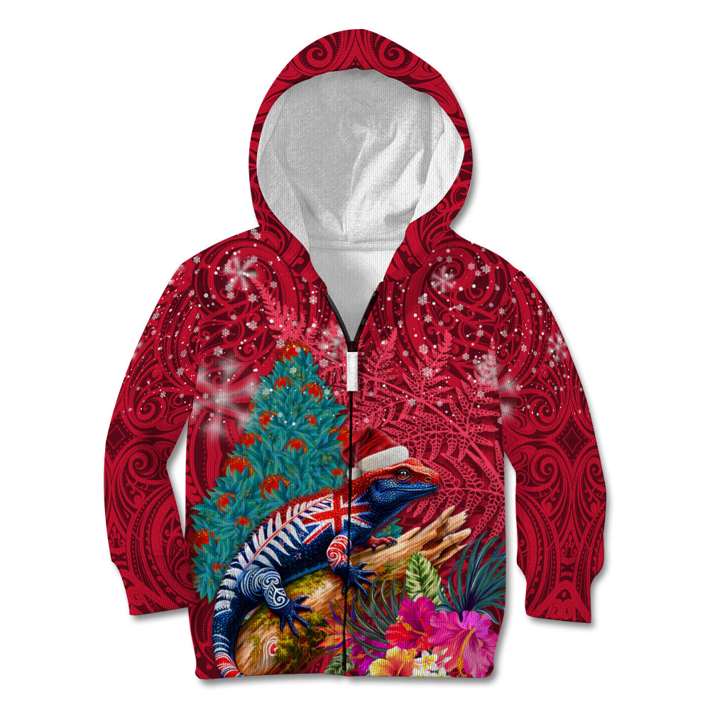 New Zealand Tuatara Christmas Kid Hoodie Silver Fern and Xmas Pohutukawa Tree Red Color LT03 Zip Hoodie Red - Polynesian Pride