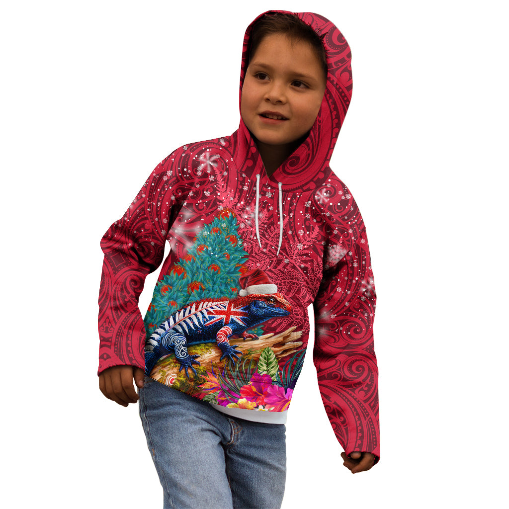 New Zealand Tuatara Christmas Kid Hoodie Silver Fern and Xmas Pohutukawa Tree Red Color LT03 - Polynesian Pride