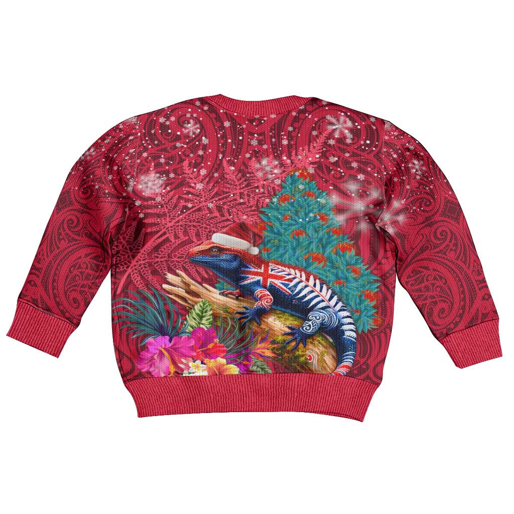 New Zealand Tuatara Christmas Kid Ugly Christmas Sweater Silver Fern and Xmas Pohutukawa Tree Red Color LT03 - Polynesian Pride