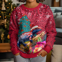 New Zealand Tuatara Christmas Kid Ugly Christmas Sweater Silver Fern and Xmas Pohutukawa Tree Red Color LT03 - Polynesian Pride