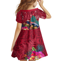 New Zealand Tuatara Christmas Kid Short Sleeve Dress Silver Fern and Xmas Pohutukawa Tree Red Color LT03 - Polynesian Pride