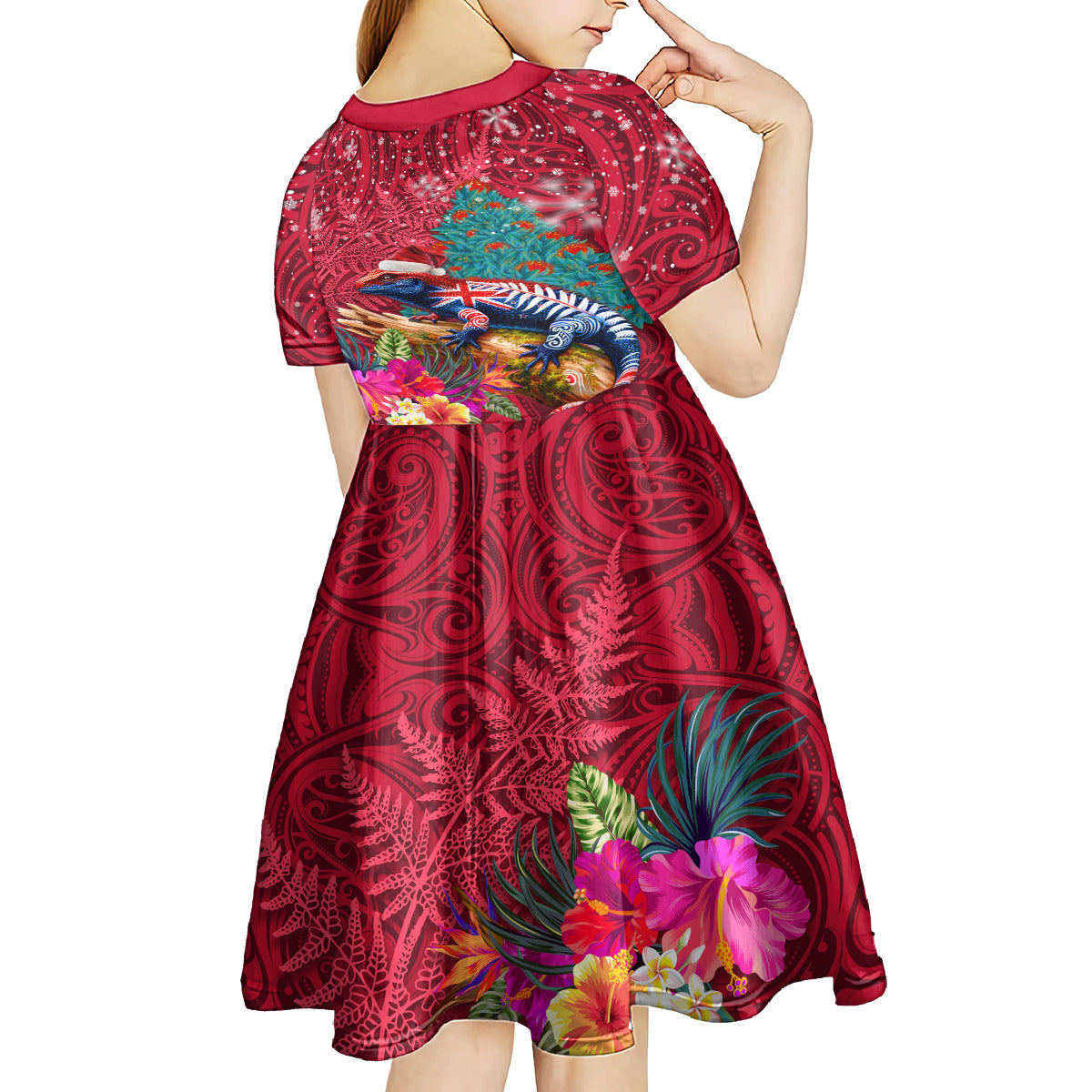New Zealand Tuatara Christmas Kid Short Sleeve Dress Silver Fern and Xmas Pohutukawa Tree Red Color LT03 - Polynesian Pride