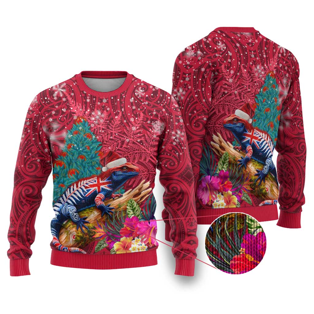 New Zealand Tuatara Christmas Ugly Christmas Sweater Silver Fern and Xmas Pohutukawa Tree Red Color LT03 Red - Polynesian Pride