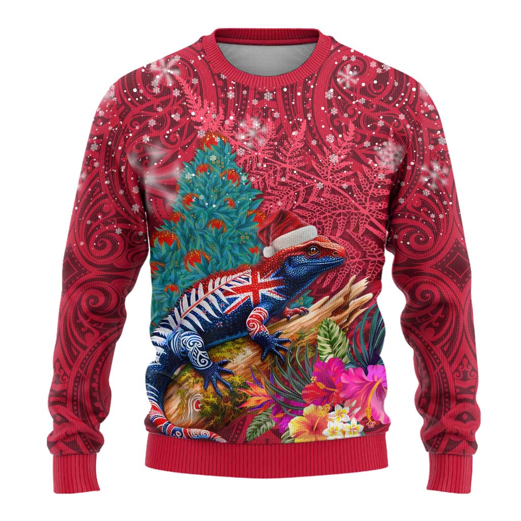 New Zealand Tuatara Christmas Ugly Christmas Sweater Silver Fern and Xmas Pohutukawa Tree Red Color LT03 - Polynesian Pride