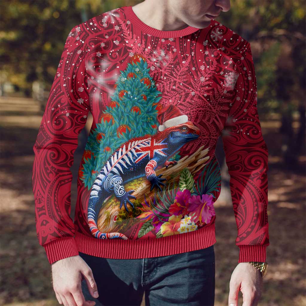 New Zealand Tuatara Christmas Ugly Christmas Sweater Silver Fern and Xmas Pohutukawa Tree Red Color LT03 - Polynesian Pride