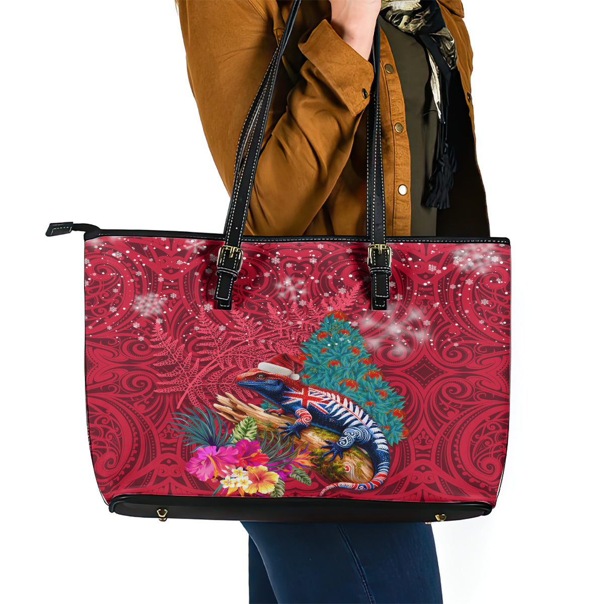 New Zealand Tuatara Christmas Leather Tote Bag Silver Fern and Xmas Pohutukawa Tree Red Color LT03 - Polynesian Pride