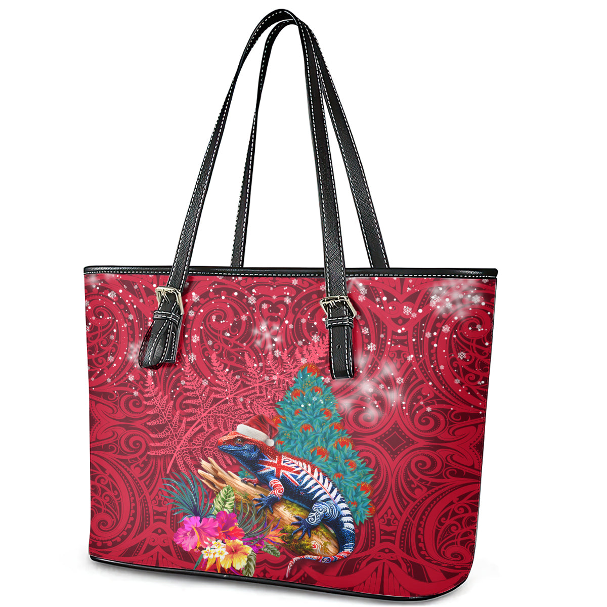 New Zealand Tuatara Christmas Leather Tote Bag Silver Fern and Xmas Pohutukawa Tree Red Color LT03 - Polynesian Pride