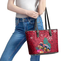 New Zealand Tuatara Christmas Leather Tote Bag Silver Fern and Xmas Pohutukawa Tree Red Color LT03 - Polynesian Pride
