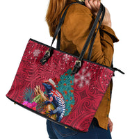 New Zealand Tuatara Christmas Leather Tote Bag Silver Fern and Xmas Pohutukawa Tree Red Color LT03 - Polynesian Pride