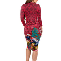 New Zealand Tuatara Christmas Long Sleeve Bodycon Dress Silver Fern and Xmas Pohutukawa Tree Red Color LT03 - Polynesian Pride