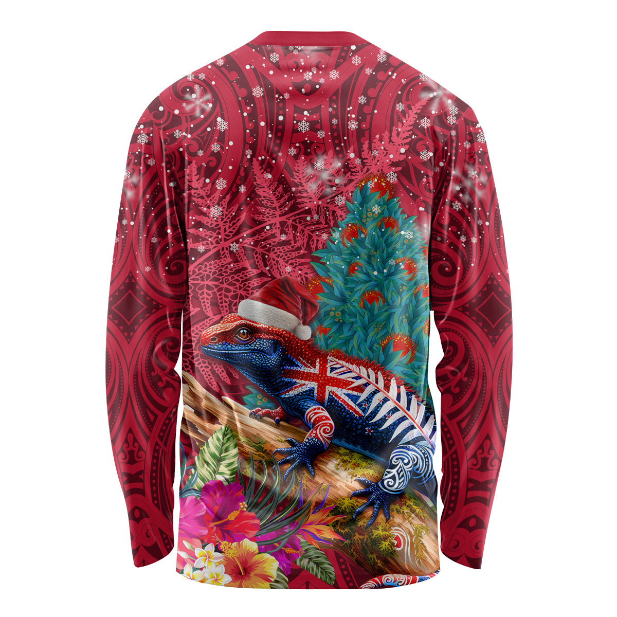 New Zealand Tuatara Christmas Long Sleeve Shirt Silver Fern and Xmas Pohutukawa Tree Red Color LT03 - Polynesian Pride