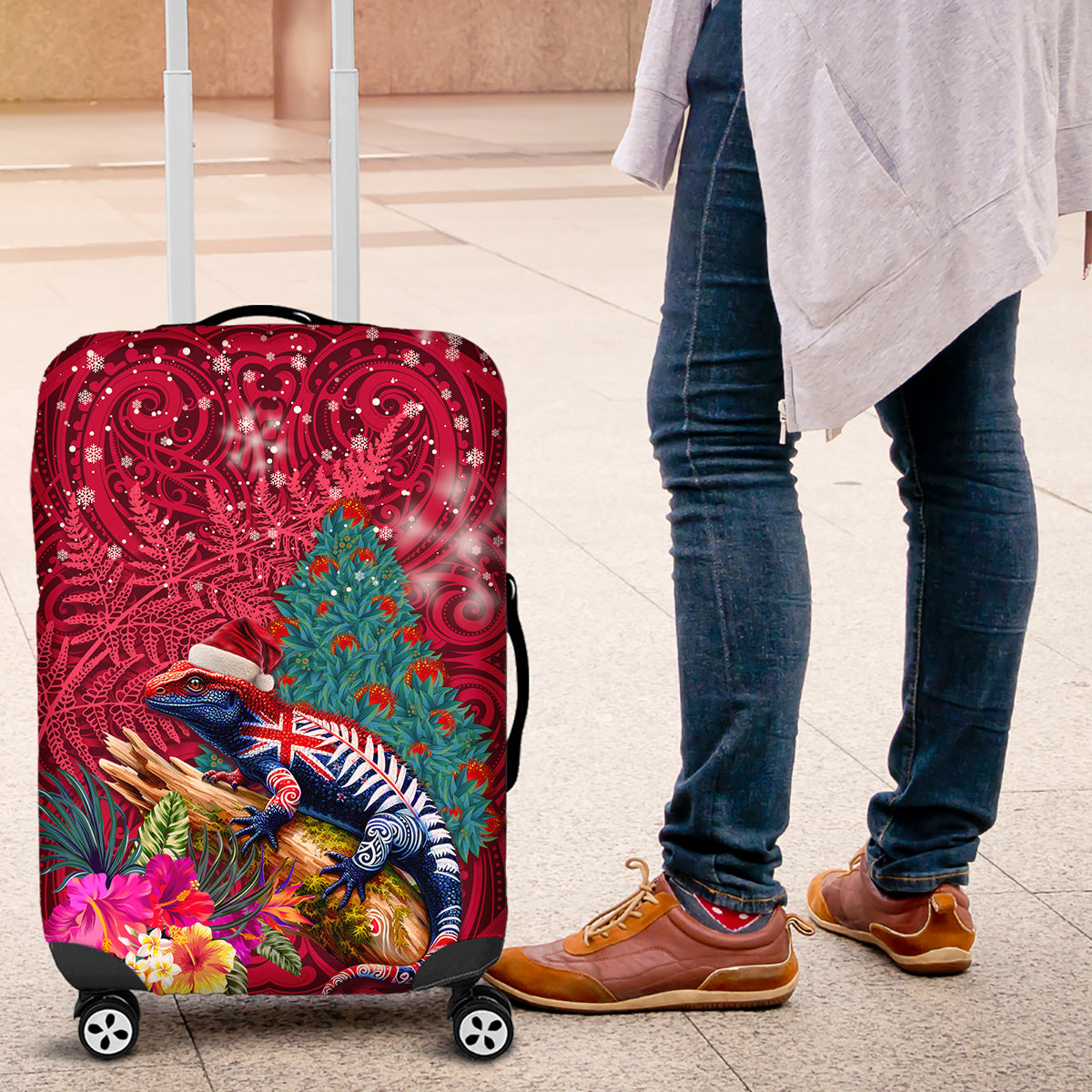 New Zealand Tuatara Christmas Luggage Cover Silver Fern and Xmas Pohutukawa Tree Red Color LT03 Red - Polynesian Pride