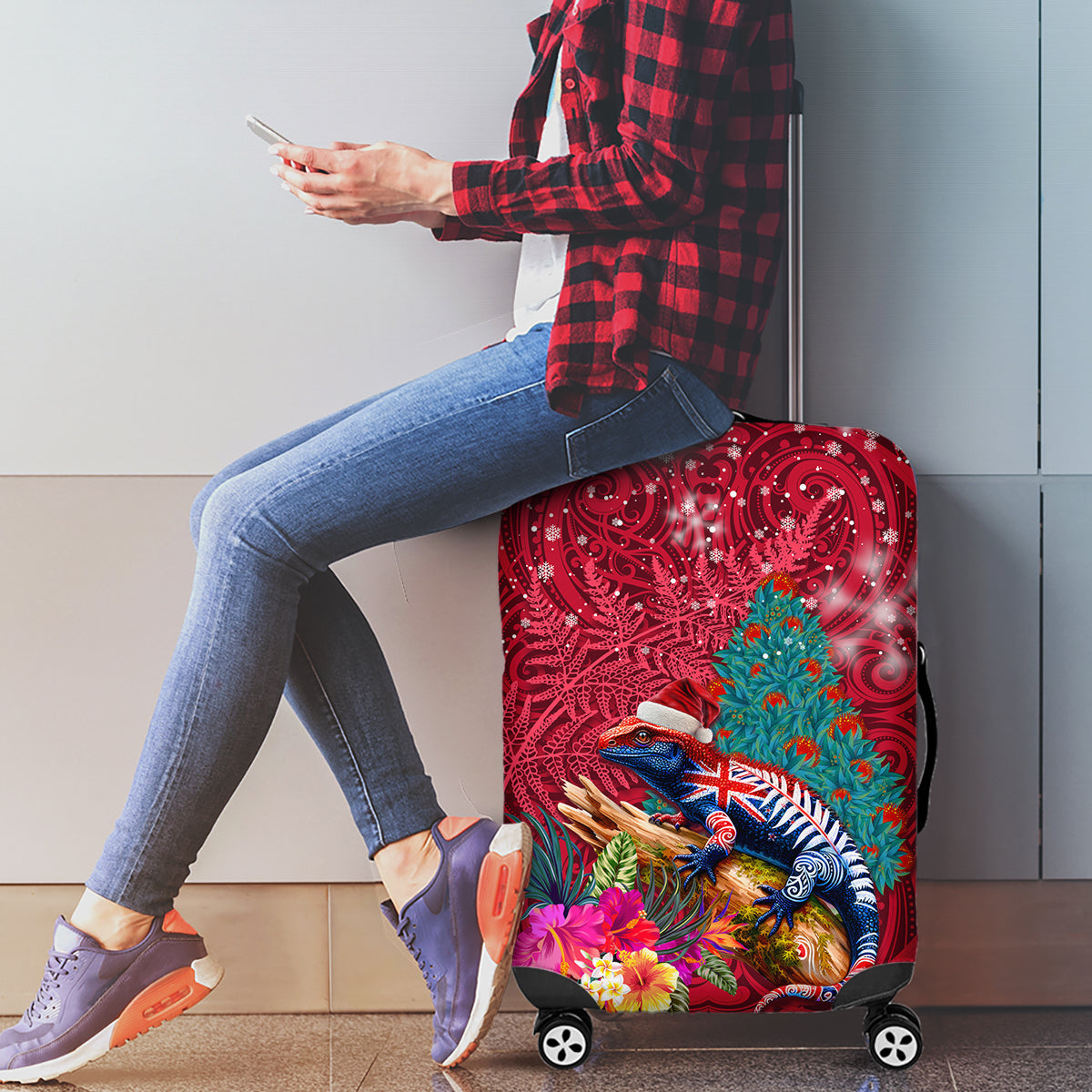 New Zealand Tuatara Christmas Luggage Cover Silver Fern and Xmas Pohutukawa Tree Red Color LT03 - Polynesian Pride