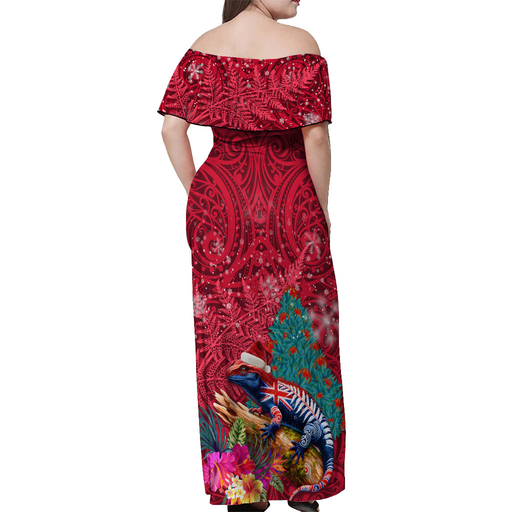 New Zealand Tuatara Christmas Off Shoulder Maxi Dress Silver Fern and Xmas Pohutukawa Tree Red Color LT03 - Polynesian Pride
