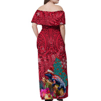 New Zealand Tuatara Christmas Off Shoulder Maxi Dress Silver Fern and Xmas Pohutukawa Tree Red Color LT03 - Polynesian Pride