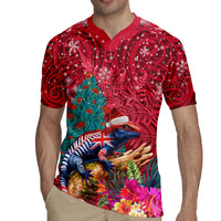 New Zealand Tuatara Christmas Rugby Jersey Silver Fern and Xmas Pohutukawa Tree Red Color