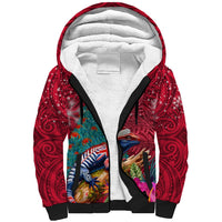 New Zealand Tuatara Christmas Sherpa Hoodie Silver Fern and Xmas Pohutukawa Tree Red Color LT03 Unisex Red - Polynesian Pride