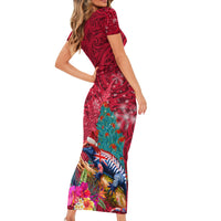 New Zealand Tuatara Christmas Short Sleeve Bodycon Dress Silver Fern and Xmas Pohutukawa Tree Red Color LT03 - Polynesian Pride