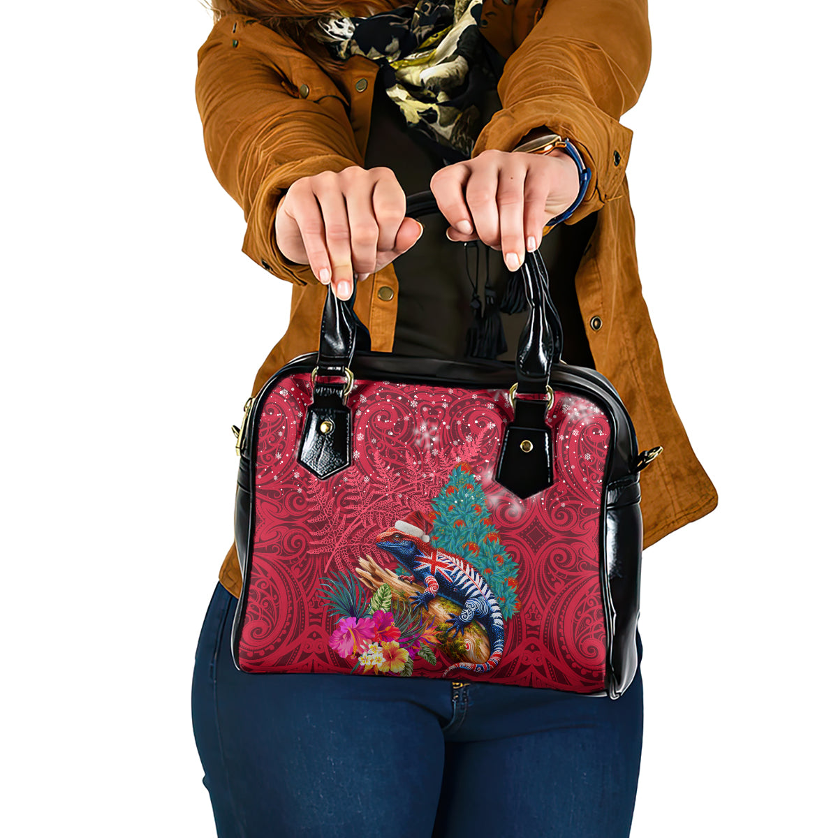 New Zealand Tuatara Christmas Shoulder Handbag Silver Fern and Xmas Pohutukawa Tree Red Color LT03 One Size Red - Polynesian Pride