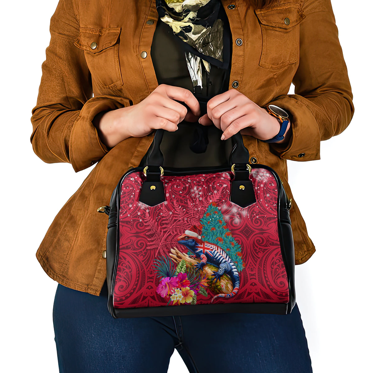 New Zealand Tuatara Christmas Shoulder Handbag Silver Fern and Xmas Pohutukawa Tree Red Color LT03 - Polynesian Pride